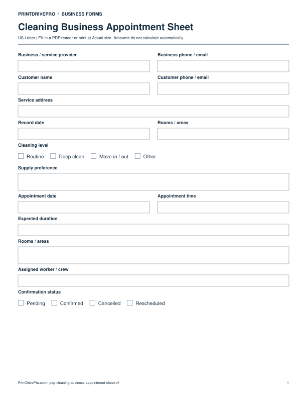 Preview of a cleaning business appointment sheet