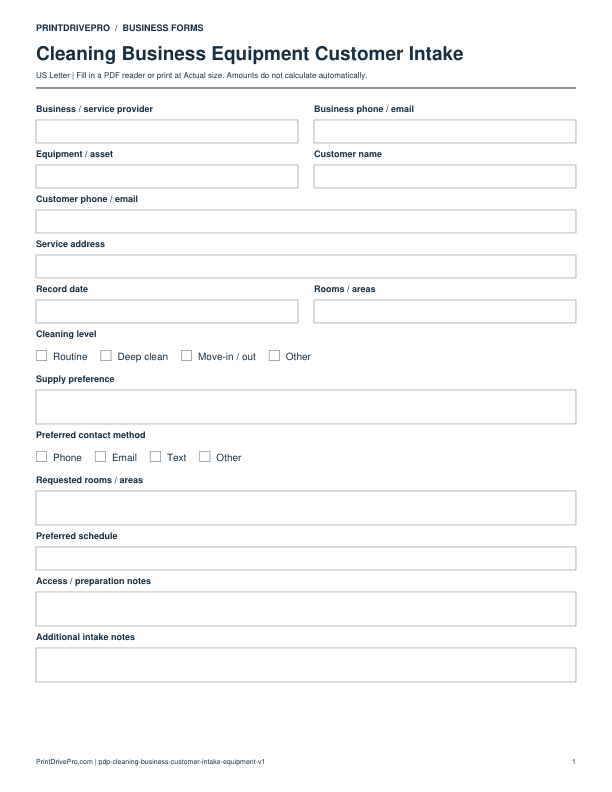 Page 1 of Cleaning Business Equipment Customer Intake Printable