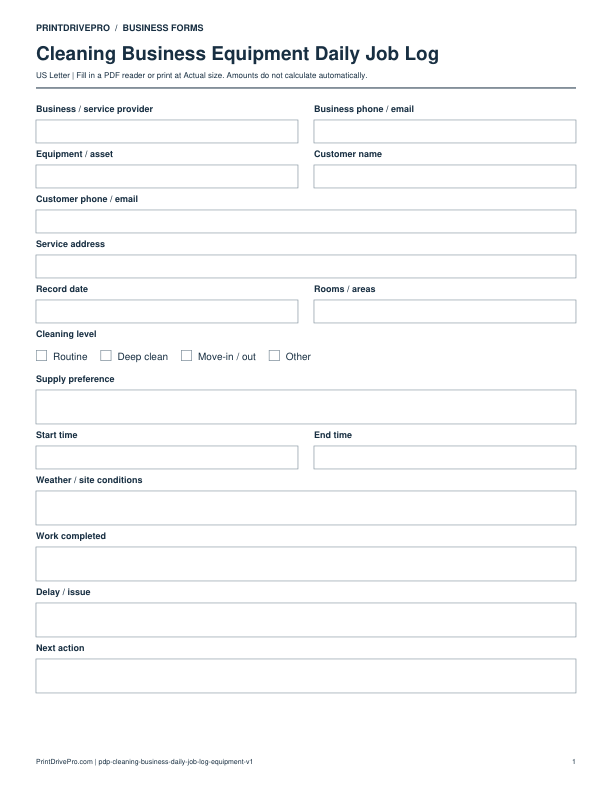 Page 1 of Cleaning Business Equipment Daily Job Log Printable