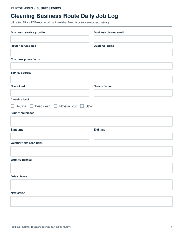 Page 1 of Cleaning Business Route Daily Job Log Printable