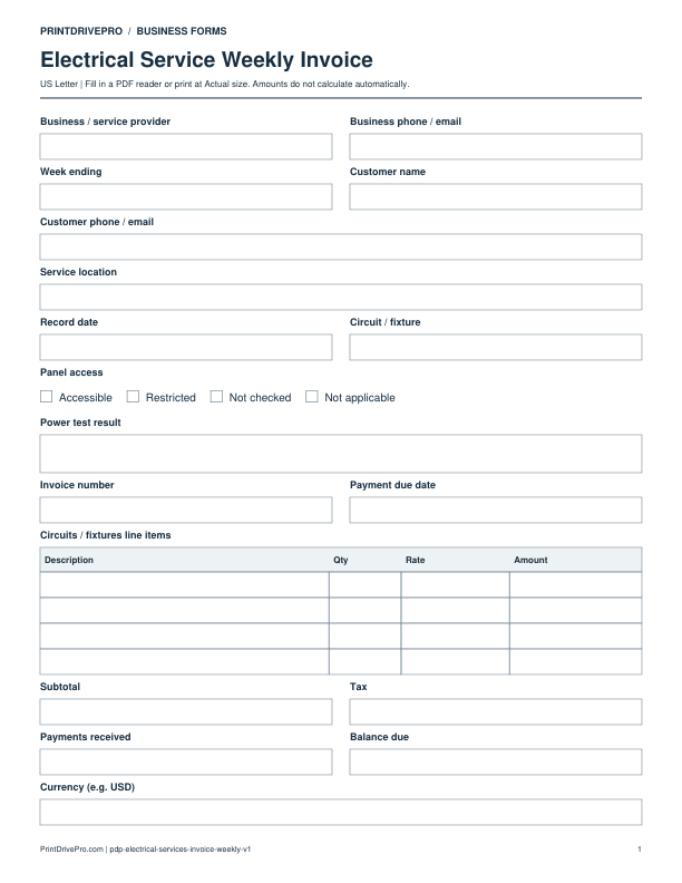 Page 1 of Electrical Service Weekly Invoice Printable