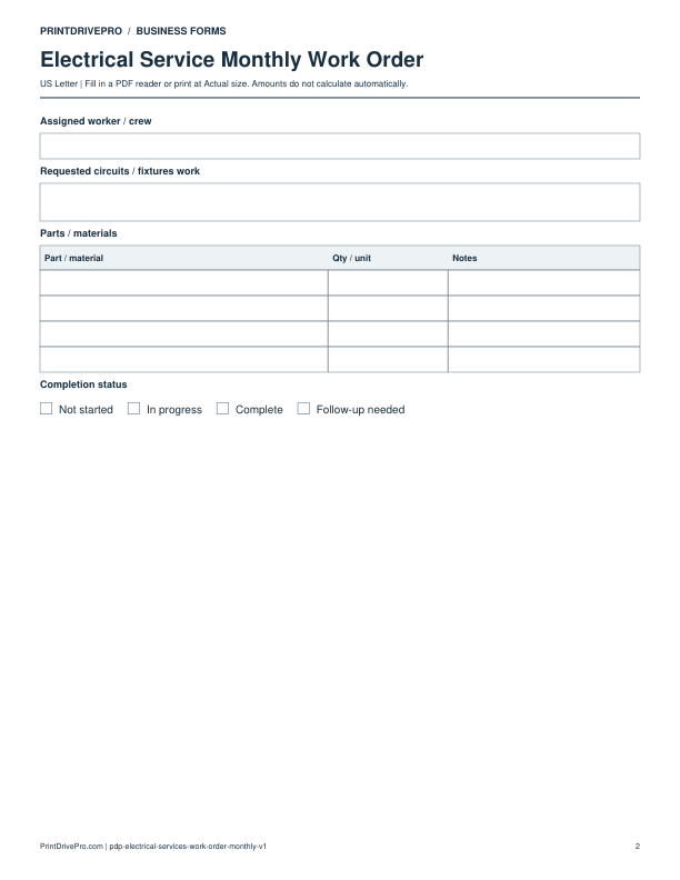 Page 2 of Electrical Service Monthly Work Order Printable