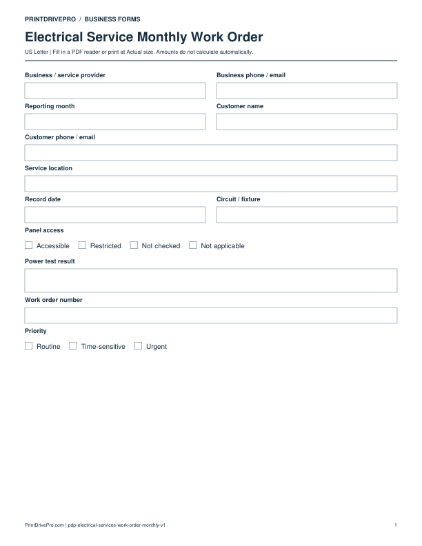 Page 1 of Electrical Service Monthly Work Order Printable