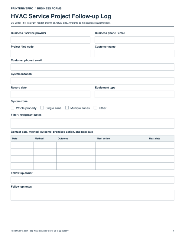 Page 1 of HVAC Service Project Follow-up Log Printable