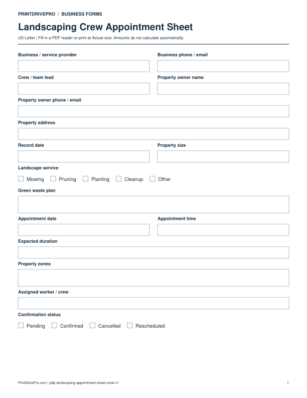 Page 1 of Landscaping Crew Appointment Sheet Printable