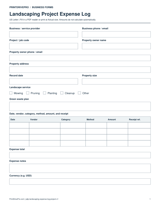 Page 1 of Landscaping Project Expense Log Printable