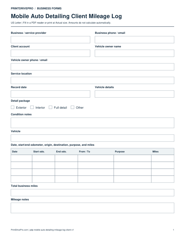 Page 1 of Mobile Auto Detailing Client Mileage Log Printable