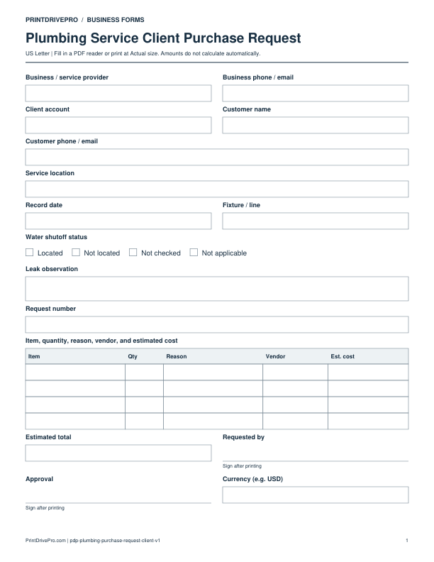 Page 1 of Plumbing Service Client Purchase Request Printable