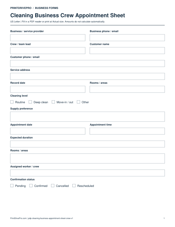 Preview of Cleaning Business Crew Appointment Sheet