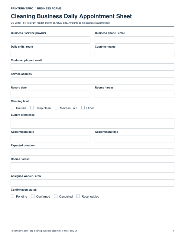 Preview of Cleaning Business Daily Appointment Sheet
