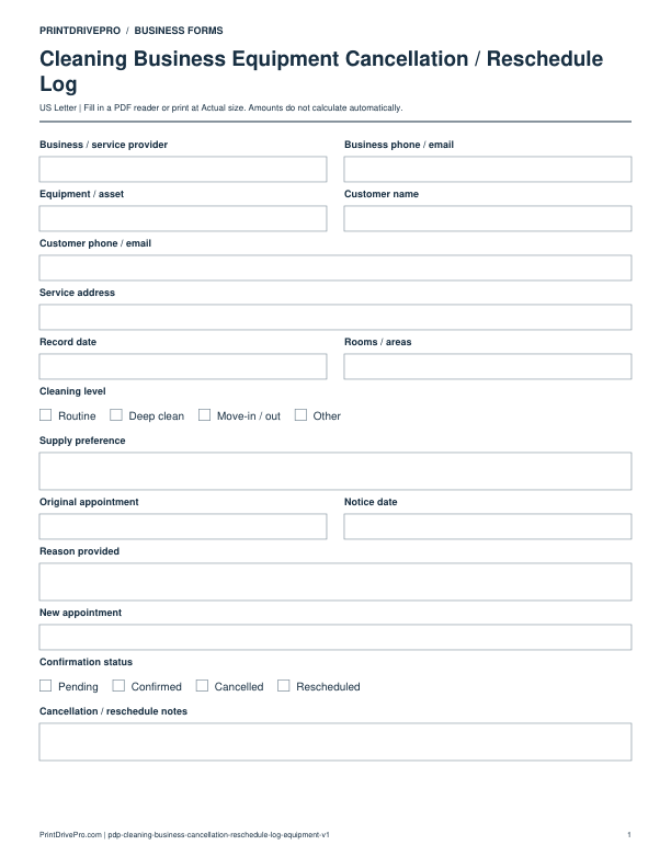 Preview of Cleaning Business Equipment Cancellation / Reschedule Log