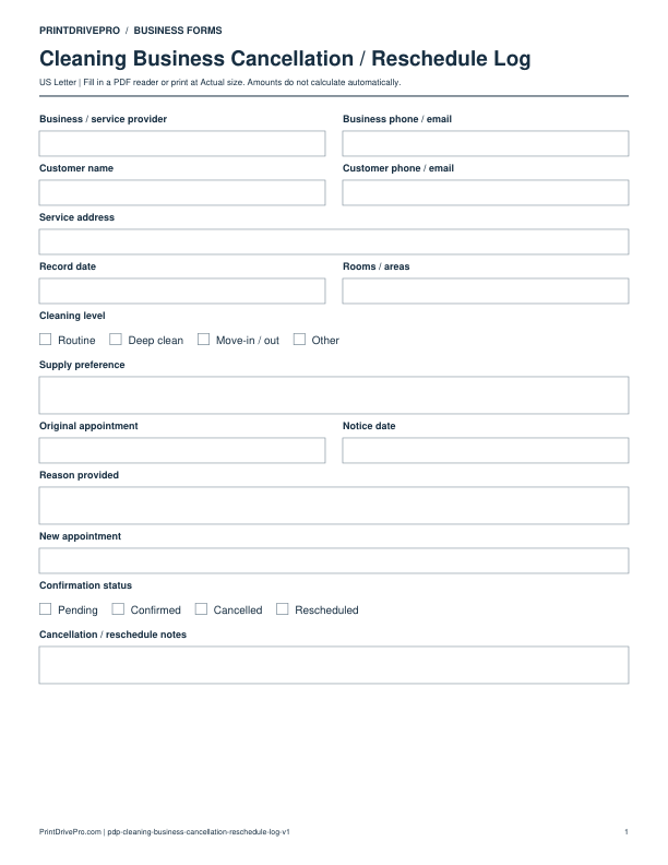 Preview of Cleaning Business Cancellation / Reschedule Log