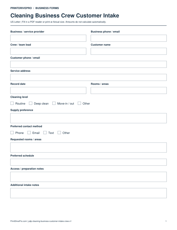 Preview of Cleaning Business Crew Customer Intake