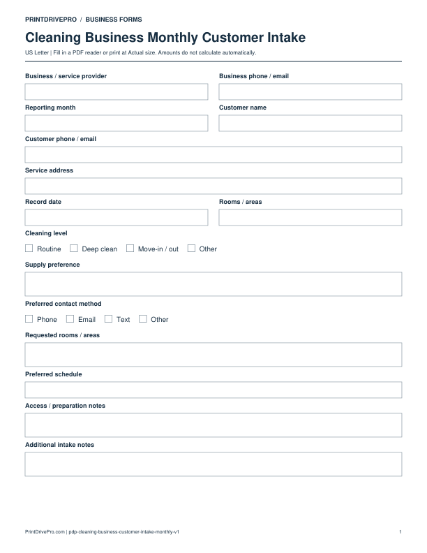 Preview of Cleaning Business Monthly Customer Intake