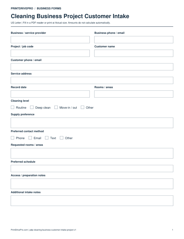 Preview of Cleaning Business Project Customer Intake