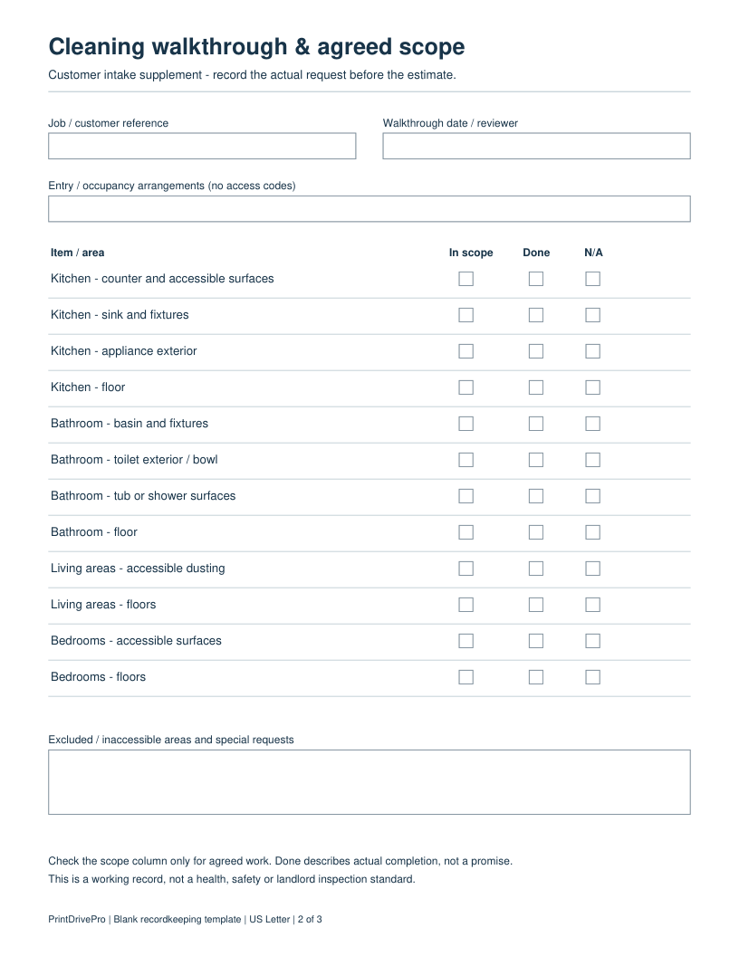 Page 2 of Cleaning Business Customer Intake Printable