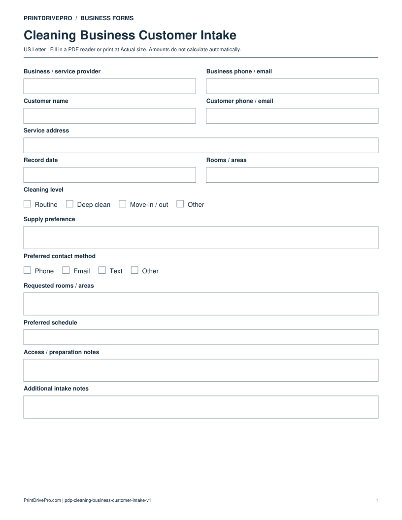 Preview of Cleaning Business Customer Intake