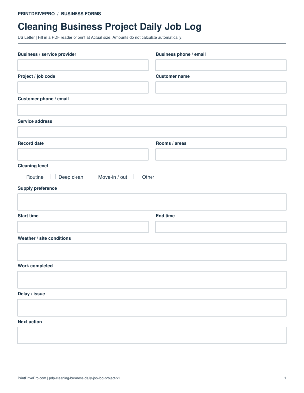 Preview of Cleaning Business Project Daily Job Log