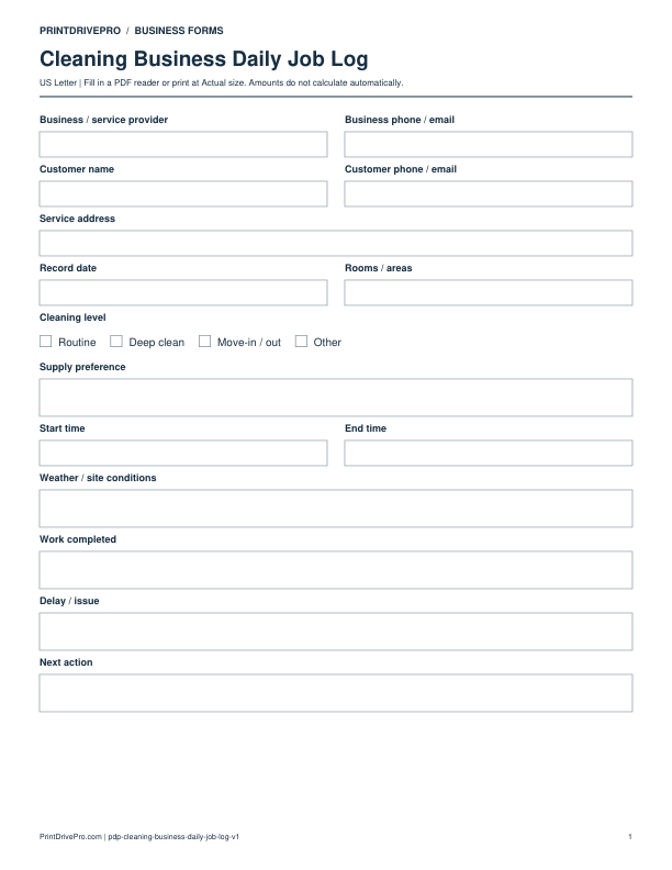 Preview of Cleaning Business Daily Job Log