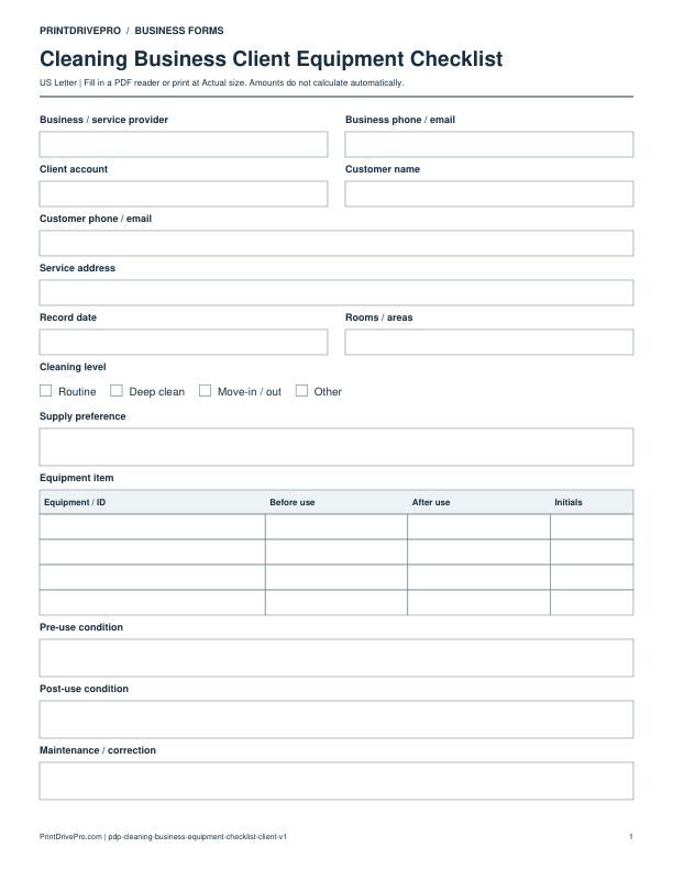 Preview of Cleaning Business Client Equipment Checklist