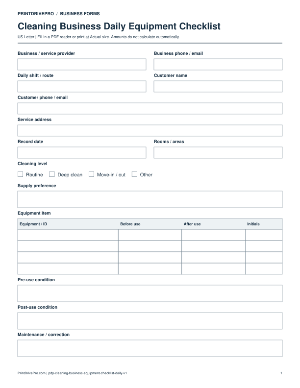 Preview of Cleaning Business Daily Equipment Checklist