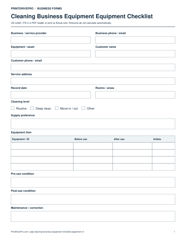 Preview of Cleaning Business Equipment Equipment Checklist