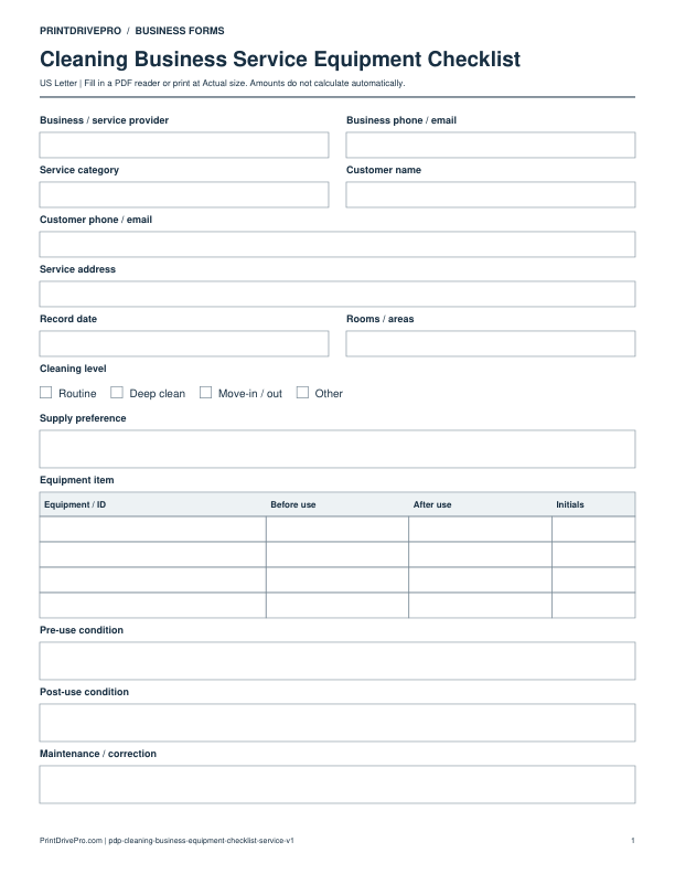 Preview of Cleaning Business Service Equipment Checklist