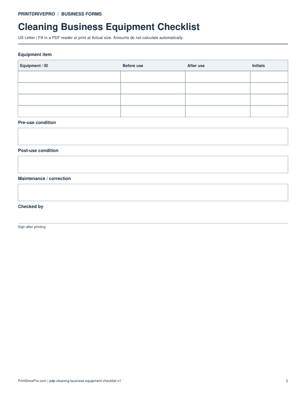 Page 2 of Cleaning Business Equipment Checklist Printable