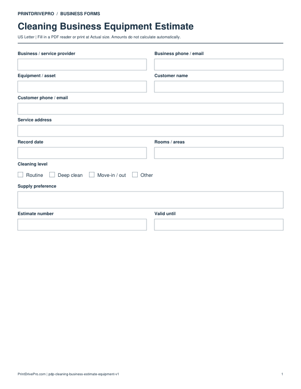 Preview of Cleaning Business Equipment Estimate