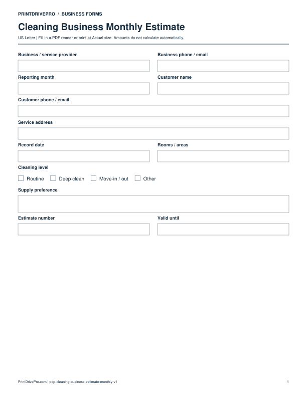 Preview of Cleaning Business Monthly Estimate