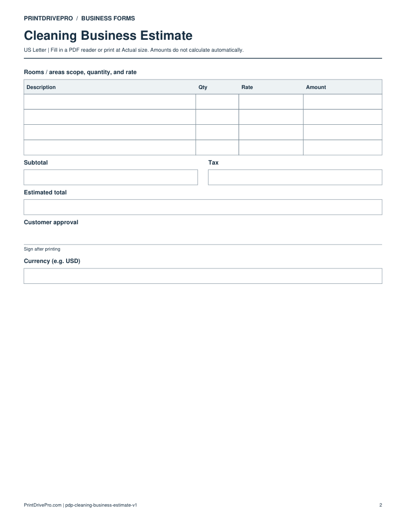 Page 2 of Cleaning Business Estimate Printable