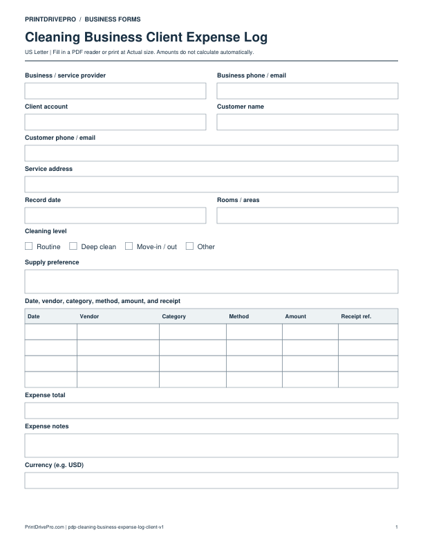 Preview of Cleaning Business Client Expense Log