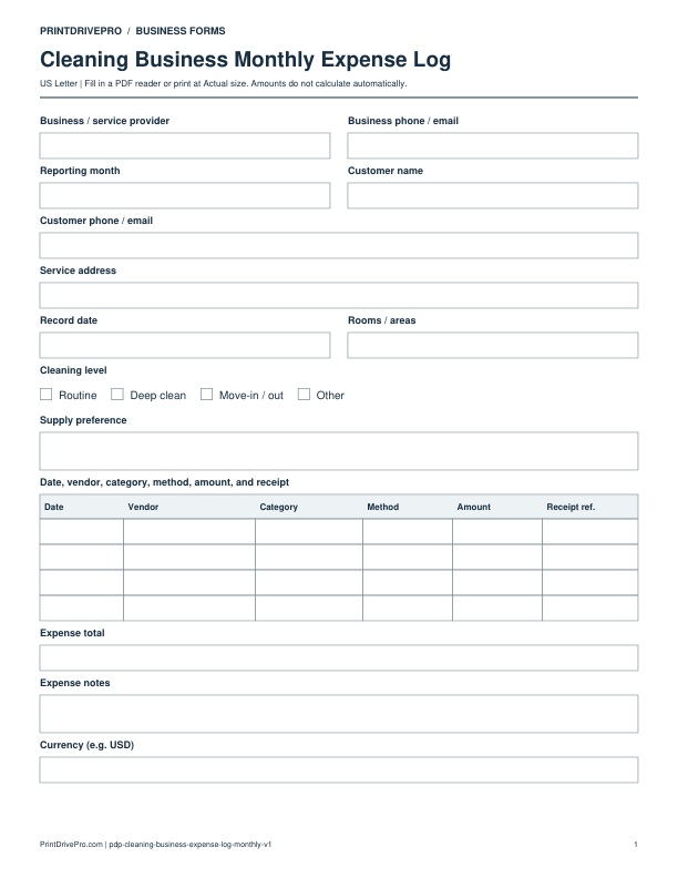 Preview of Cleaning Business Monthly Expense Log