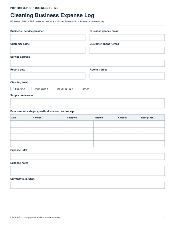 Preview of Cleaning Business Expense Log