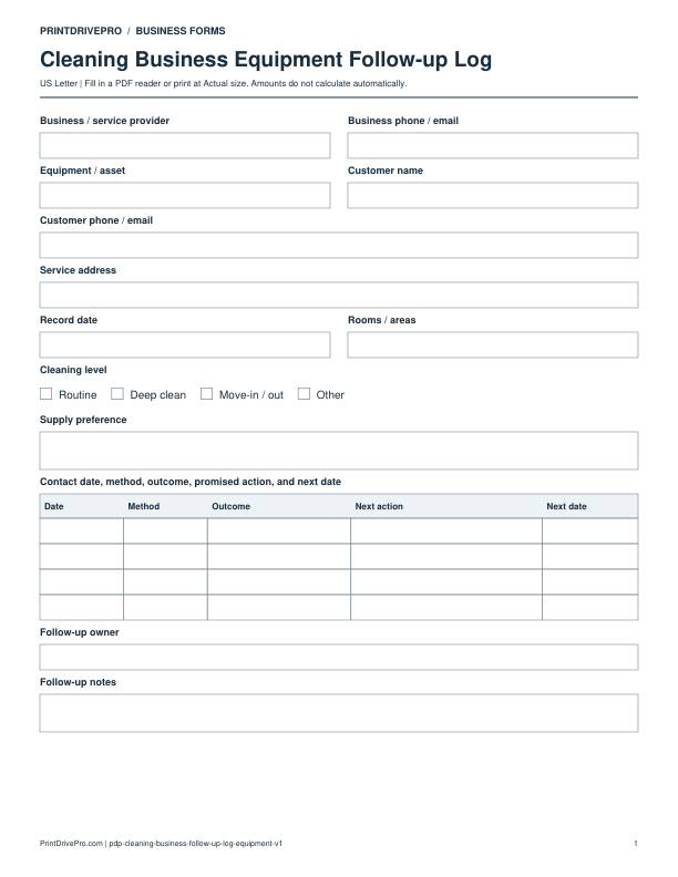 Preview of Cleaning Business Equipment Follow-up Log
