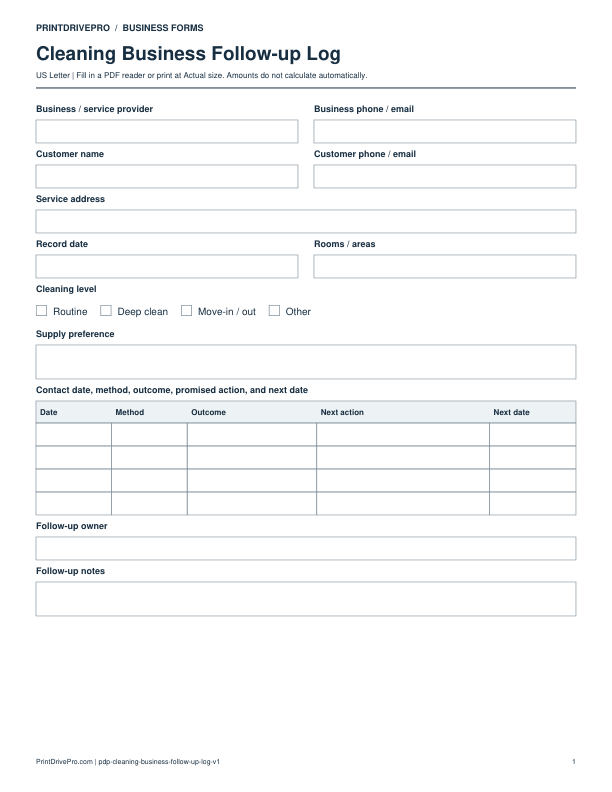 Preview of Cleaning Business Follow-up Log