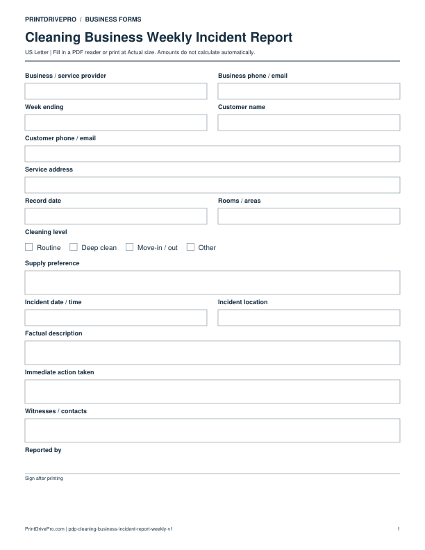 Preview of Cleaning Business Weekly Incident Report