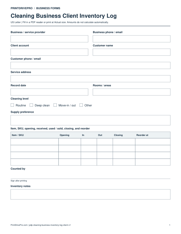 Preview of Cleaning Business Client Inventory Log