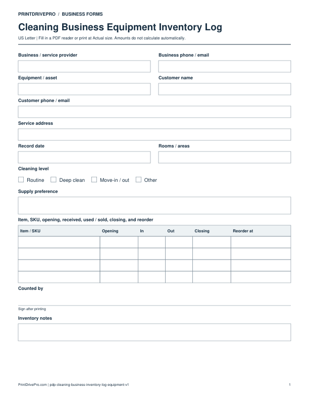 Preview of Cleaning Business Equipment Inventory Log