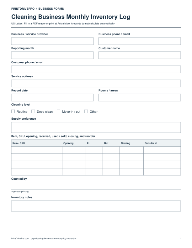 Preview of Cleaning Business Monthly Inventory Log