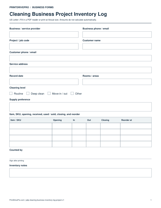 Preview of Cleaning Business Project Inventory Log