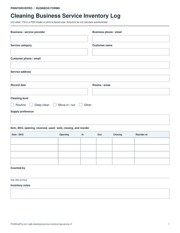 Preview of Cleaning Business Service Inventory Log