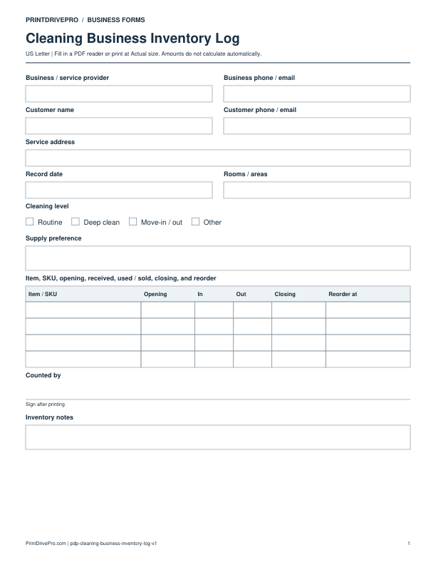 Preview of Cleaning Business Inventory Log