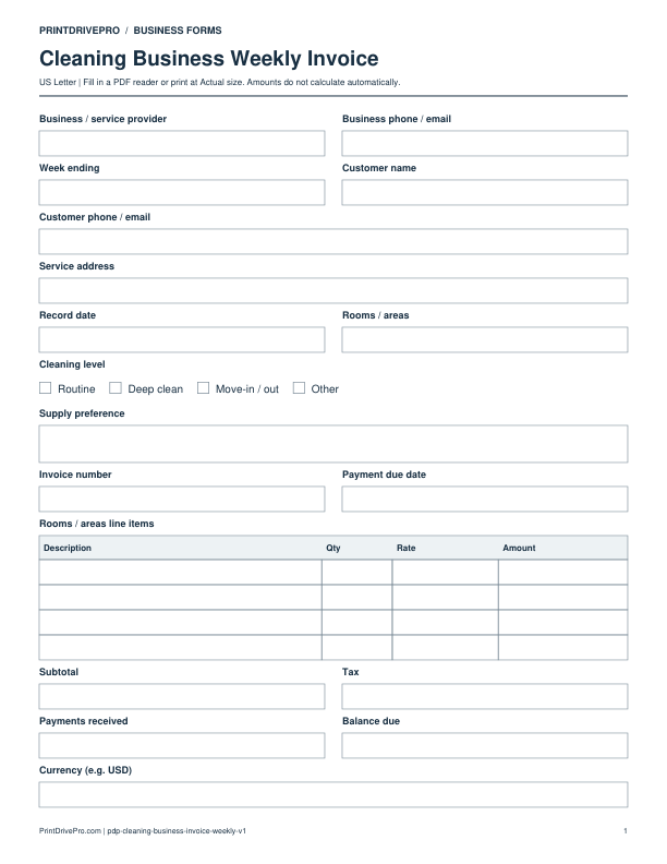 Preview of Cleaning Business Weekly Invoice