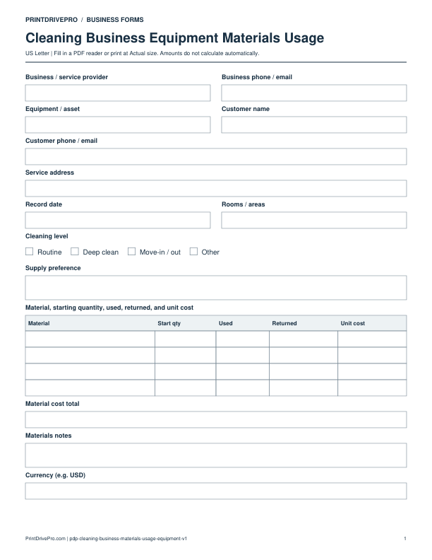 Preview of Cleaning Business Equipment Materials Usage