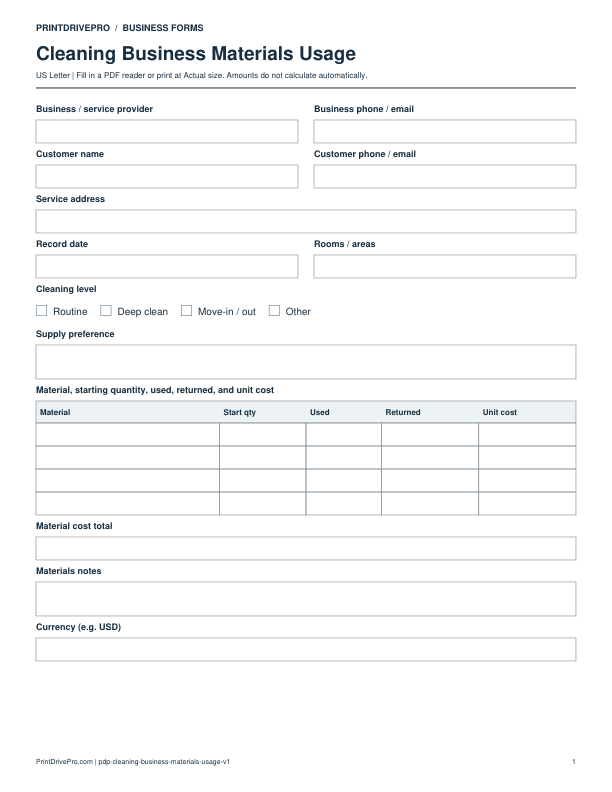 Preview of Cleaning Business Materials Usage