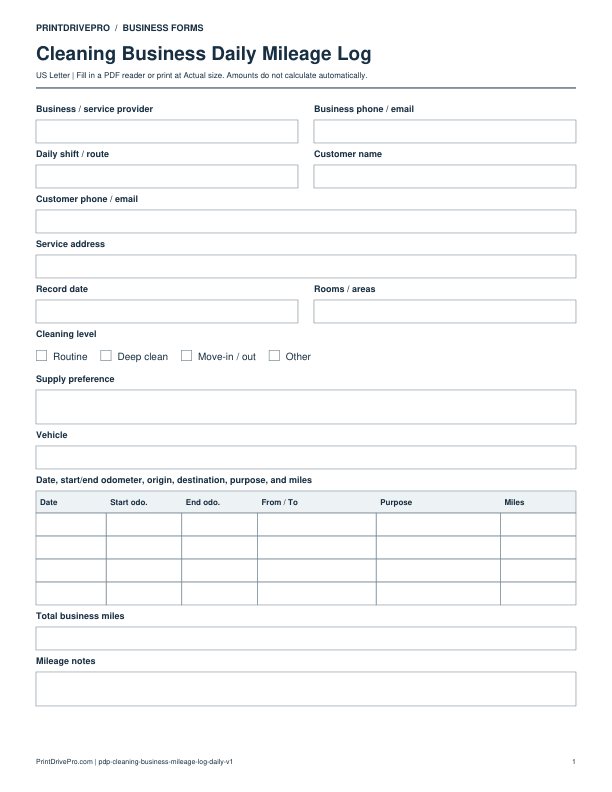 Preview of Cleaning Business Daily Mileage Log