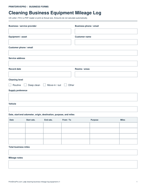 Preview of Cleaning Business Equipment Mileage Log