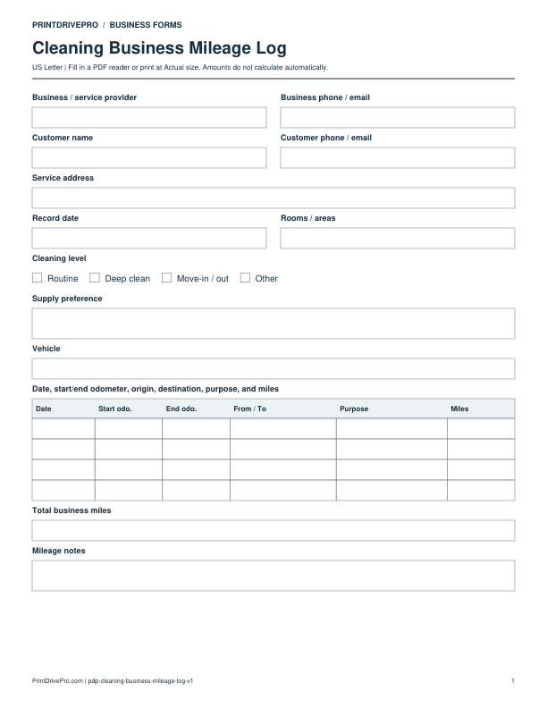 Preview of Cleaning Business Mileage Log