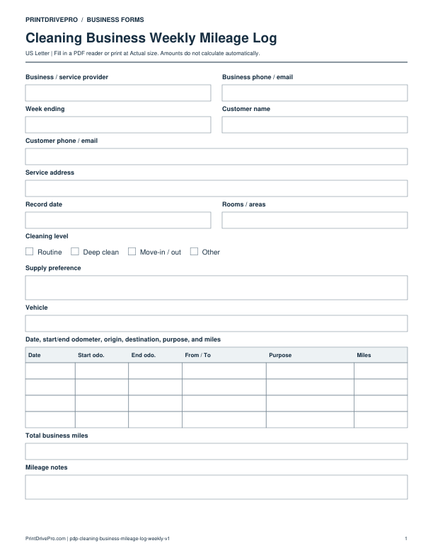 Preview of Cleaning Business Weekly Mileage Log